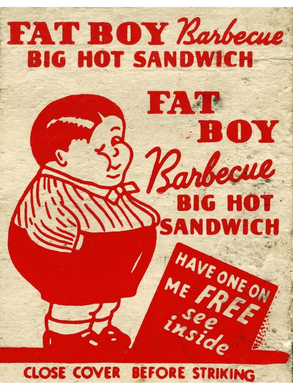 Fat Boy Barbeque BBQ Paper REPRINT 8.5x11 Vintage Style Ad Sign Matchbook - Picture 1 of 1